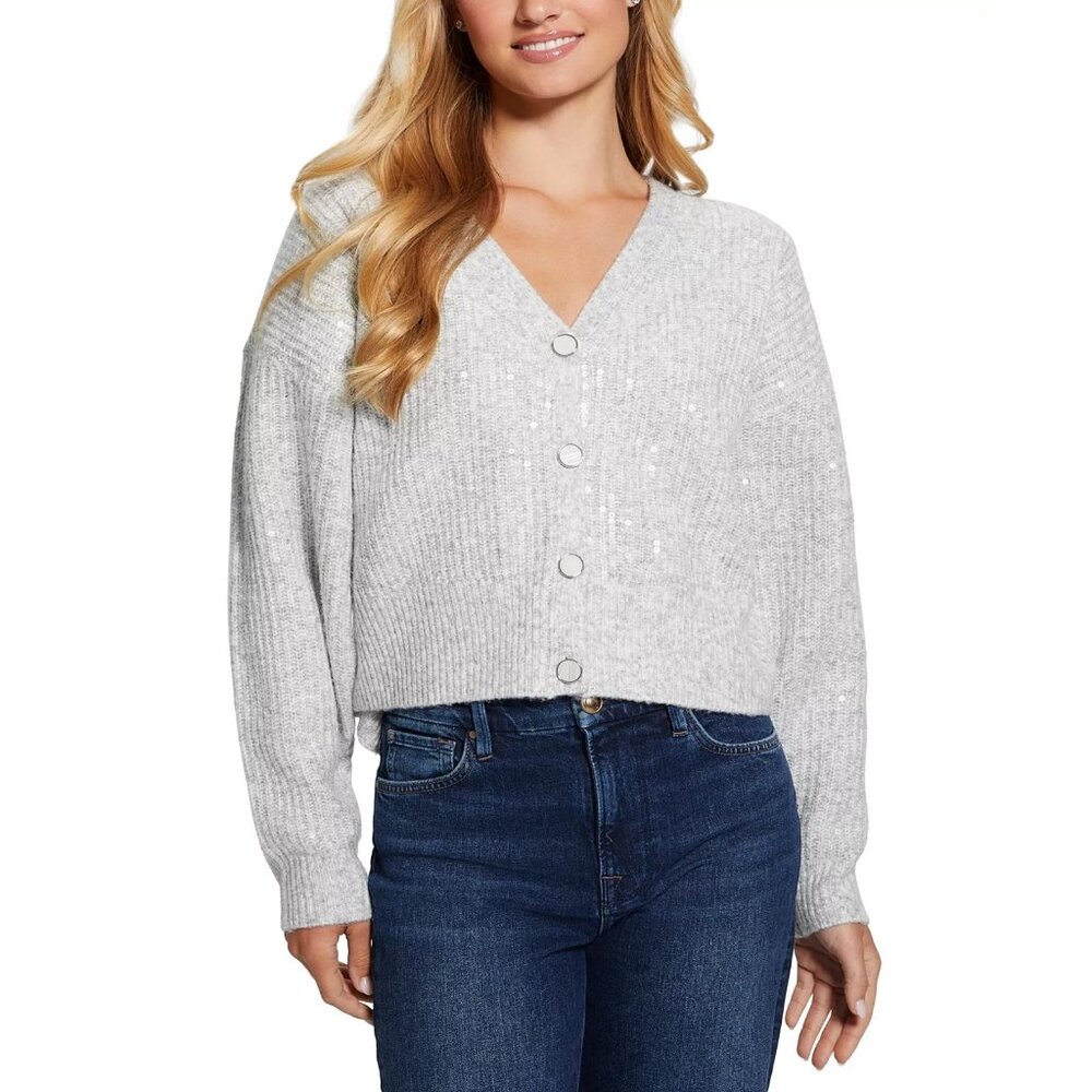 GUESS Women's Riley Sequined Cardigan Gray Size L MSRP $128